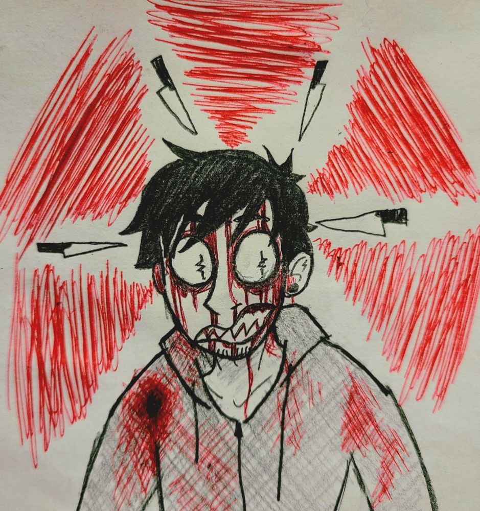 Traditional art of book simon with wide eyes and a snarl. Blood is done in red ink. There are 5 red anger tornadoes pointing at him with 4 kitchen knives in between them, also pointing at him. His pupils are crinkled lines tooling to his right.