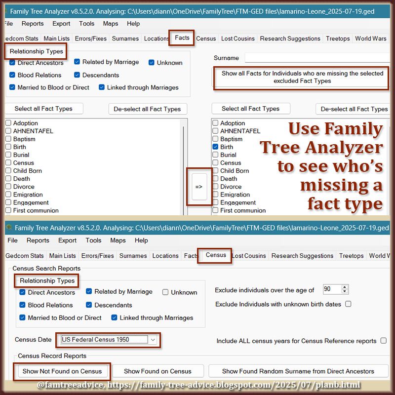 Make your selections in the highlighted areas of Family Tree Analyzer to find what's missing from your family tree.