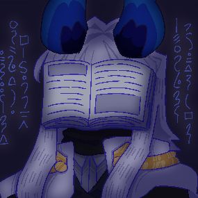 Phighting oc Spellbook in the Royal au. Spellbook is dressed in a rather dark yet matching coat and scarf as their white button up peaks out of their white and gold cape. Their hair is silly smooth and their iconic mask is swapped with a baby blue book, with their primary color being blue.