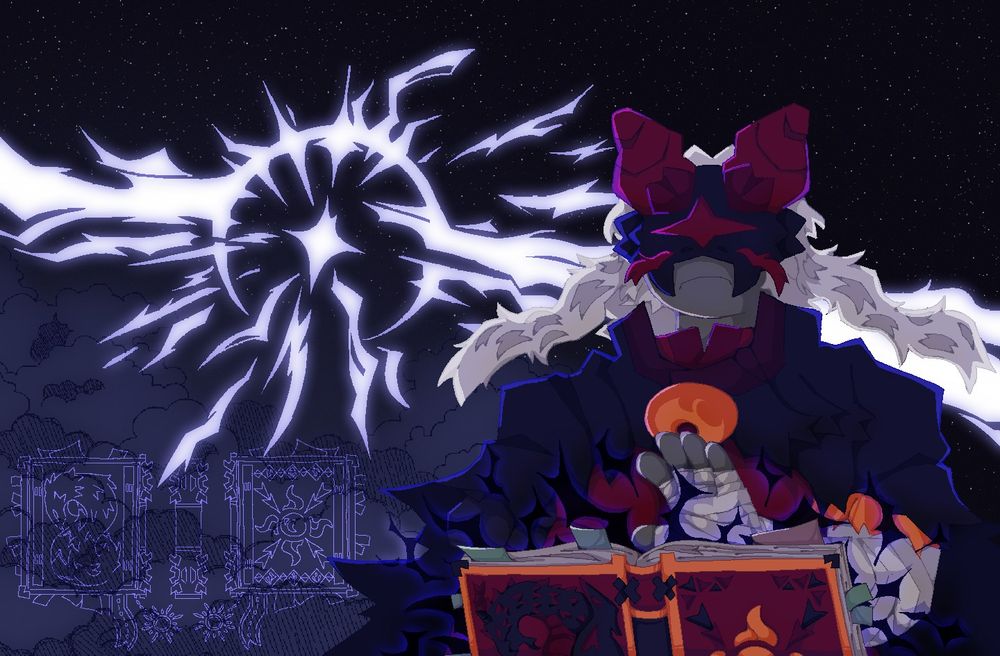 Phighting oc Spellbook back again with their design slightly tweaked from the original. While wearing their iconic draconic there are thin tuffs for red whiskers at the nose of the mask. Their raggedy cloak now adores a dark red strip near the collar of the cloak that ends just above their orange crescent pin. Even though Spellbook has gained new powers using their gear, their left arm is damaged and bandaged up from the overuse of magic. Regardless, pulling a stern yet confident pose as they summon a chaotic flash of light, Spellbook is illuminated by the tarnish aura coming from their dragon tailored gear and the lighting attack from behind.

Past the lightning displays a night sky littered with twinkling lights from above while below from the blast showcases dark clouds and a light blue schematic of the predesign of the gear's cover looks like.