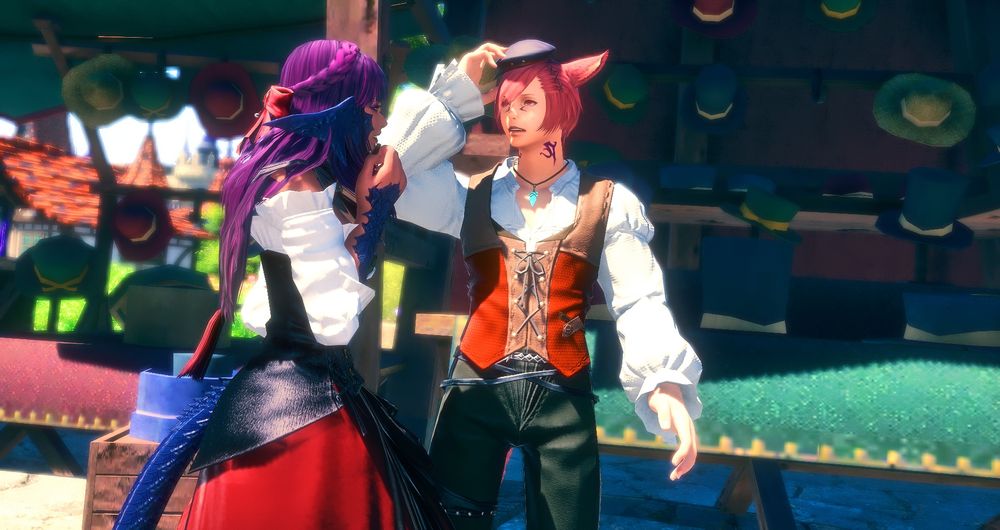 Alternate Universe of Tristall and G'raha of my Royalty AU. Tristall is in disguise with dark purple hair and red ribbon with a black corset, white shirt, and red skirt. Graha is wearing a red and brown vest over a white loose shirt. He looks surprised while touching a black hat that sits on his head while Tristall laughs, being the one who put it in his head suddenly. The hat resembles the one Tristall wears in the canon universe.