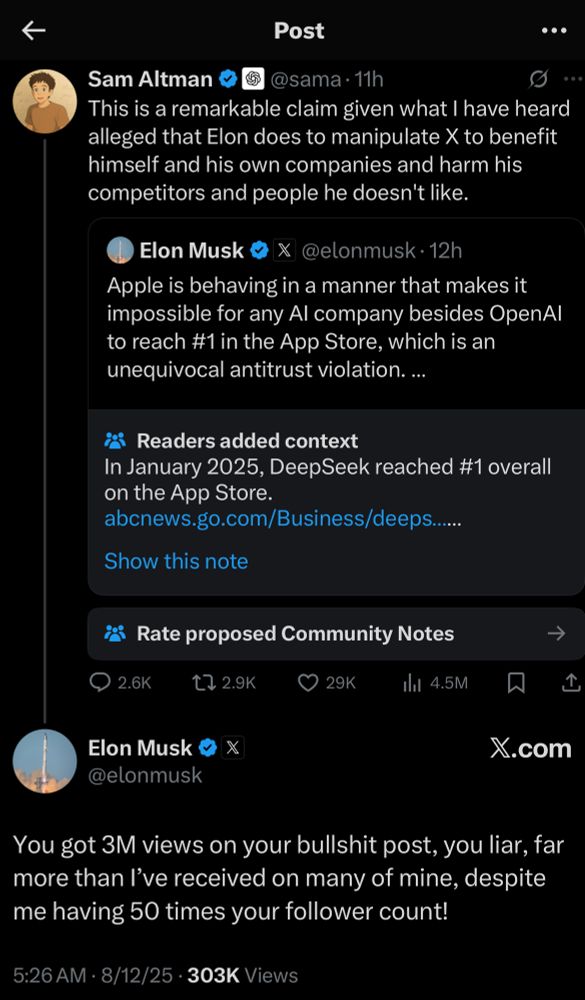 Sam Altman
@sama • 11h
This is a remarkable claim given what I have heard alleged that Elon does to manipulate X to benefit himself and his own companies and harm his competitors and people he doesn't like.
Elon Musk
@elonmusk •12h
Apple is behaving in a manner that makes it impossible for any Al company besides OpenAl to reach #1 in the App Store, which is an unequivocal antitrust violation. ...
¿ Readers added context
In January 2025, DeepSeek reached #1 overall on the App Store.
abcnews.go.com/Business/deeps......
Show this note
¿ Rate proposed Community Notes
@ 2.6K
17 2.9K
• 29K
Ill 4.5M
Elon Musk &
X
@elonmusk
→
仄
X.com
You got 3M views on your bullshit post, you liar, far more than l've received on many of mine, despite me having 50 times your follower count!