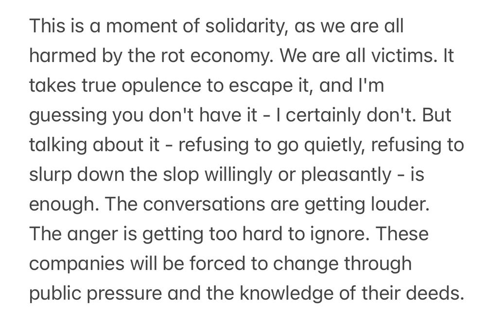 This is a moment of solidarity, as we are all harmed by the rot economy. We are all victims. It takes true opulence to escape it, and I'm guessing you don't have it - I certainly don't. But talking about it - refusing to go quietly, refusing to slurp down the slop willingly or pleasantly - is enough. The conversations are getting louder. The anger is getting too hard to ignore. These companies will be forced to change through public pressure and the knowledge of their deeds. 