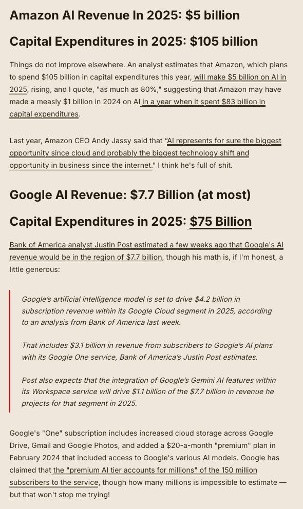Amazon AI Revenue In 2025: $5 billion
Capital Expenditures in 2025: $105 billion

Things do not improve elsewhere. An analyst estimates that Amazon, which plans to spend $105 billion in capital expenditures this year, will make $5 billion on AI in 2025, rising, and I quote, "as much as 80%," suggesting that Amazon may have made a measly $1 billion in 2024 on AI in a year when it spent $83 billion in capital expenditures.

Last year, Amazon CEO Andy Jassy said that “AI represents for sure the biggest opportunity since cloud and probably the biggest technology shift and opportunity in business since the internet." I think he's full of shit.
Google AI Revenue: $7.7 Billion (at most)
Capital Expenditures in 2025: $75 Billion

Bank of America analyst Justin Post estimated a few weeks ago that Google's AI revenue would be in the region of $7.7 billion, though his math is, if I'm honest, a little generous:

    Google’s artificial intelligence model is set to drive $4.2 billion in subscription revenue within its Google Cloud segment in 2025, according to an analysis from Bank of America last week.

    That includes $3.1 billion in revenue from subscribers to Google’s AI plans with its Google One service, Bank of America’s Justin Post estimates.

    Post also expects that the integration of Google’s Gemini AI features within its Workspace service will drive $1.1 billion of the $7.7 billion in revenue he projects for that segment in 2025.

Google's "One" subscription includes increased cloud storage across Google Drive, Gmail and Google Photos, and added a $20-a-month "premium" plan in February 2024 that included access to Google's various AI models. Google has claimed that the "premium AI tier accounts for millions" of the 150 million subscribers to the service, though how many millions is impossible to estimate — but that won't stop me trying! 