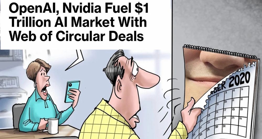 A woman saying “OpenAl, Nvidia Fuel $1
Trillion Al Market With Web of Circular Deals” and a man opening a calendar to Ed Zitron the smiling man 