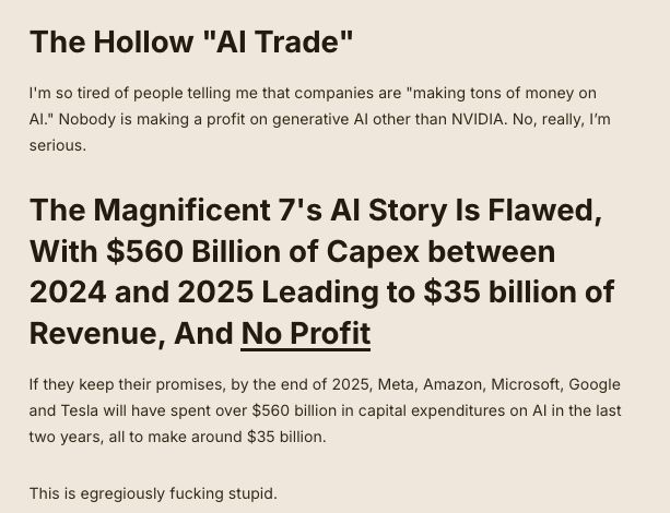 The Hollow "AI Trade"

I'm so tired of people telling me that companies are "making tons of money on AI." Nobody is making a profit on generative AI other than NVIDIA. No, really, I’m serious. 
The Magnificent 7's AI Story Is Flawed, With $560 Billion of Capex between 2024 and 2025 Leading to $35 billion of Revenue, And No Profit

If they keep their promises, by the end of 2025, Meta, Amazon, Microsoft, Google and Tesla will have spent over $560 billion in capital expenditures on AI in the last two years, all to make around $35 billion.

This is egregiously fucking stupid.
