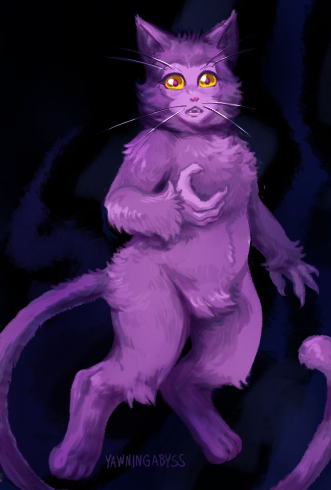 A DISTORTION APPEARS. A purple felinoid floats in an inky void, one hand cupped against its fluffy chest. Its bright golden eyes reflect light within its pupils.