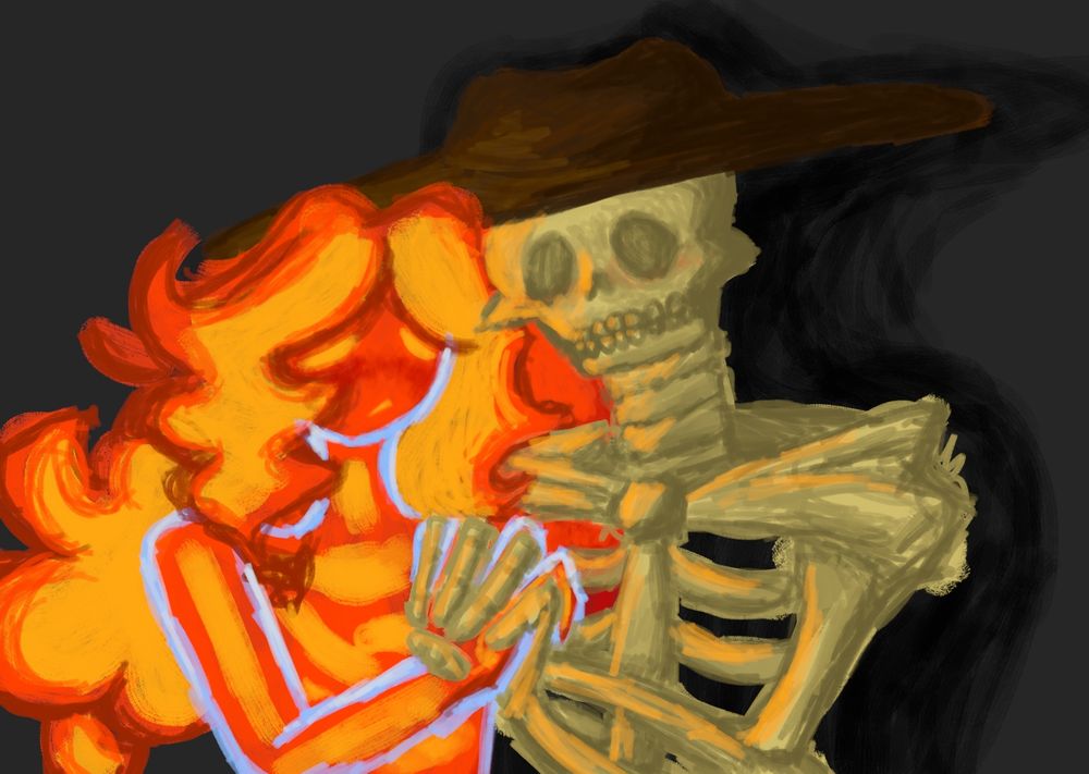 A skeleton with a hat and a woman made out of glass and lava are holding hands.

The skeleton looks happy while the lava lamp lady looks nervous, then again, both silly goobers are enjoying this little moment together :3