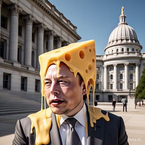 Musk in front of WI state capitol wearing a melting cheesehead.