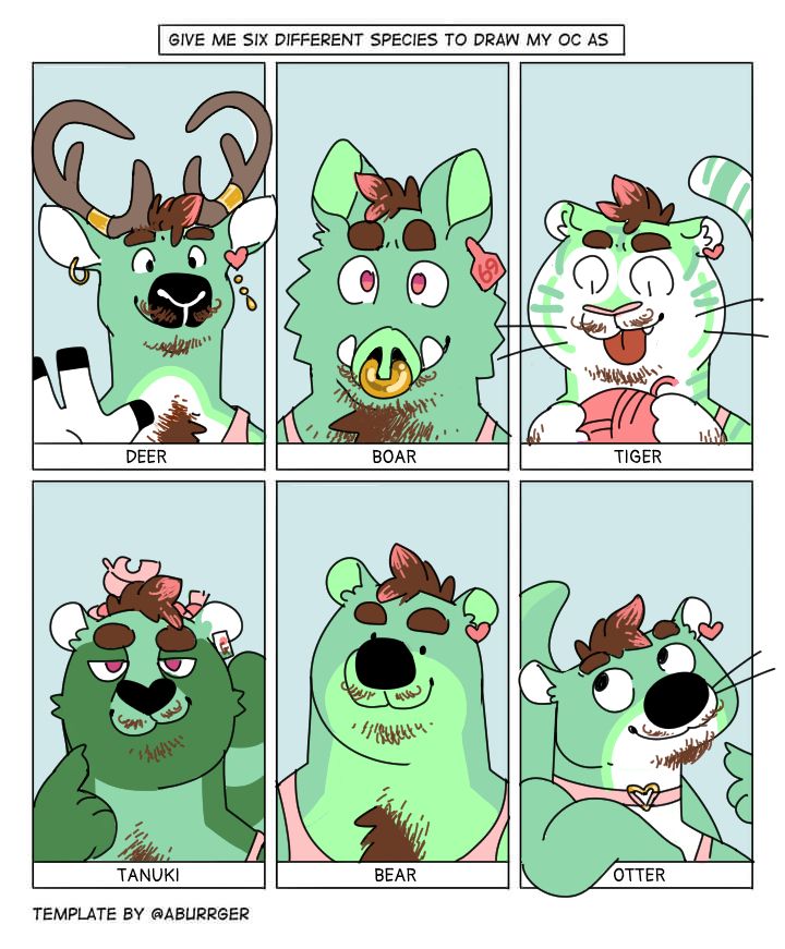 A drawing meme/challenge titled "Give me six different species to draw my OC as". From left to right and top to bottom, in the six panels, I've drawn my fursona as : a deer, a boar, a tiger, a tanuki, a bear, and an otter.