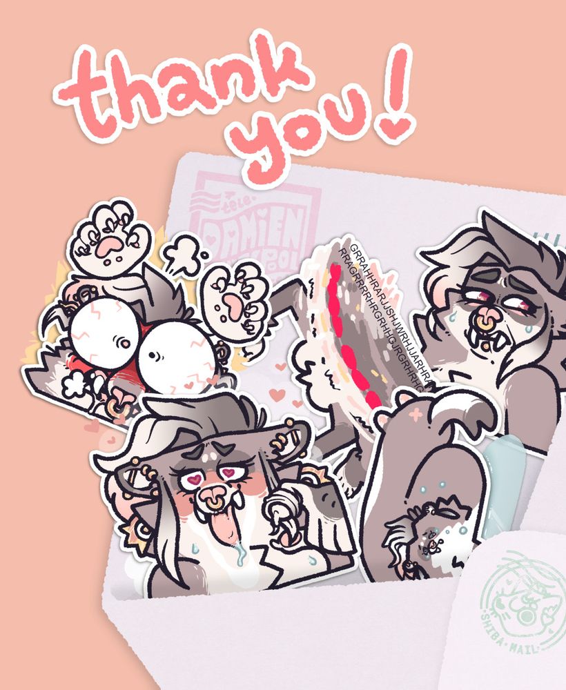 A drawing of an opened envelope bursting with the Telegram stickers I drew for Pipoot. Above the envelope are the words "Thank you !"