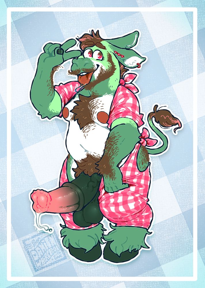 A drawing of Damien, my fursona, only he's a green donkey instead of a green shiba inu. He's wearing the same traditional outfit donkeys on the Island of Ré wear to protect them from mosquito bites, which is to say sleeves and assless (haha) chaps cut out of hot pink gingham (usually red or blue) tied in the back. Of course this means his big fat donkey cock is freely hanging out and leaking for all to see. He's taking a silly pose while adjusting one leg of his chaps.