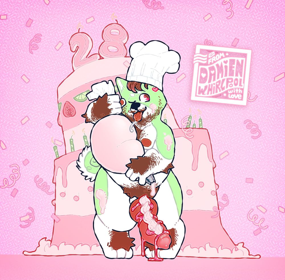 A drawing of Damien, an anthropomorphic green shiba inu. He's posing in front of a giant, lopsided two-tier cake with candles on the very top that spell "28". He's wearing nothing more than a chef's hat, and is holding a giant piping bag filled of some sort of viscous light pink fluid, which he's used to pipe a row of little meringues on his erect canine cock. He winks playfully in the general direction of the viewer, as an open invitation to share his birthday meal.