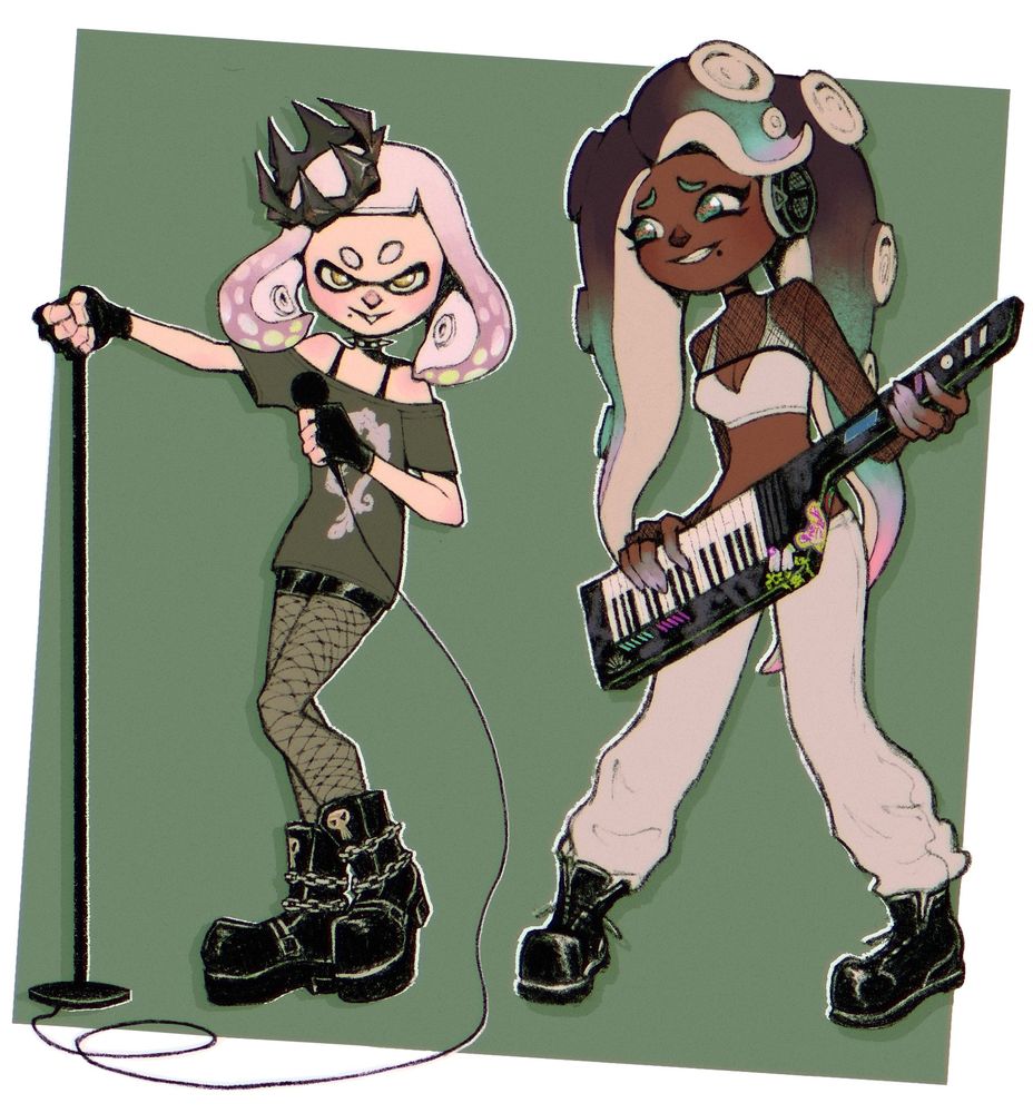 Digital drawing of the duo Off the Hook from the Splatoon series. They are wearing their Springfest outfits. Pearl is holding a microphone, and Marina is holding a keytar.