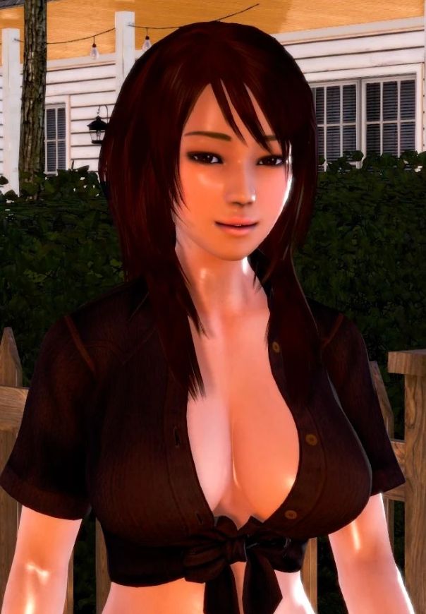Grace, from the game Hypnosis, just after getting fucked in the scene prior, smiling at the MC and wearing a shirt with ample cleavage.