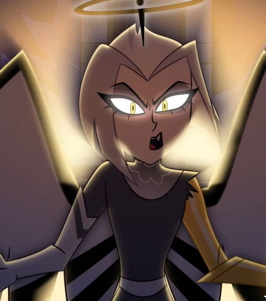 Lute from Hazbjn Hotel with her mouth open in a way that shows a singular fang.