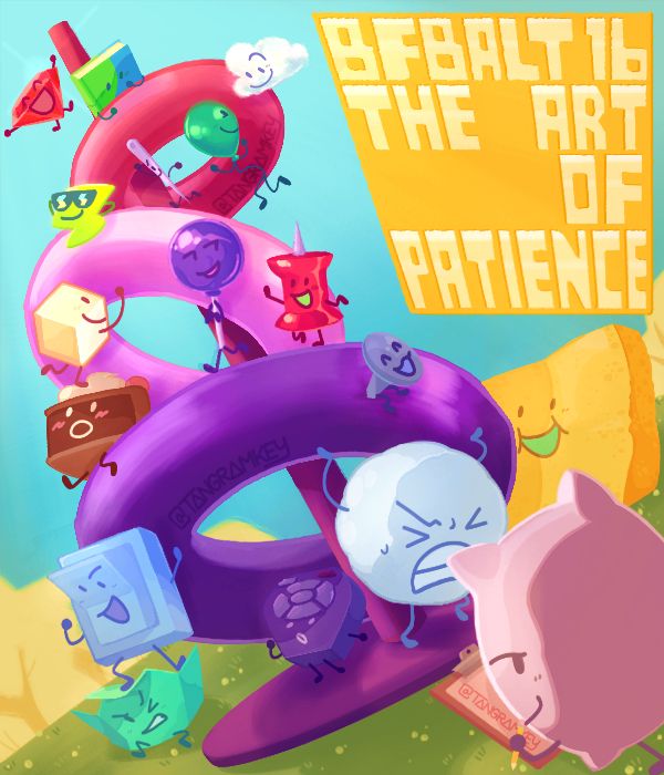 Ruby, Book, Cloudy, Balloony, Needle, Lightning, Loser, Cake, Lollipop, Pin, Naily, Spongy, Snowball, Remote, Liy, Foldy, and Pillow hanging around three Rock-A-Stack rings falling over a stick base. The title reads: "BFBAlt 1b The Art Of Patience".