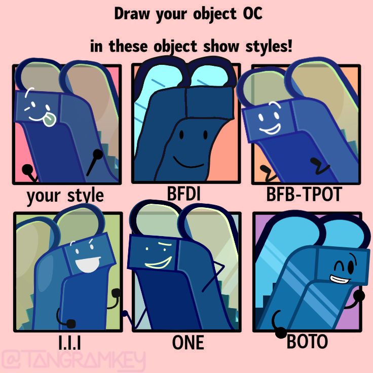 Escalatey drawn in the styles of BFDI, BFB/TPOT, Inanimate Insanity Invitational, HFJOne, and BOTO.