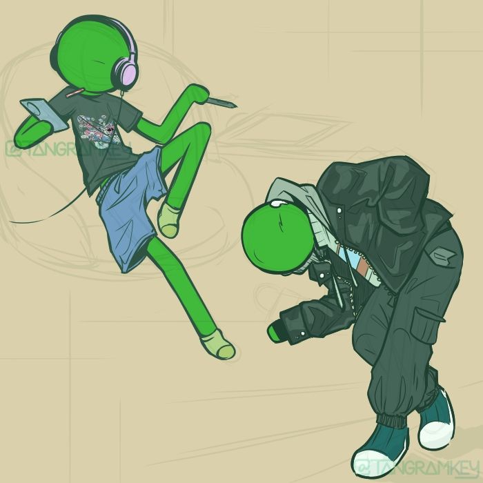 Green sitting down, wearing an Undertale shirt, shorts, purple headphones, and socks, with a phone in hand. Another Green is to the side, leaning over, wearing a striped sweater, leather jacket, cargo pants, and airpods.