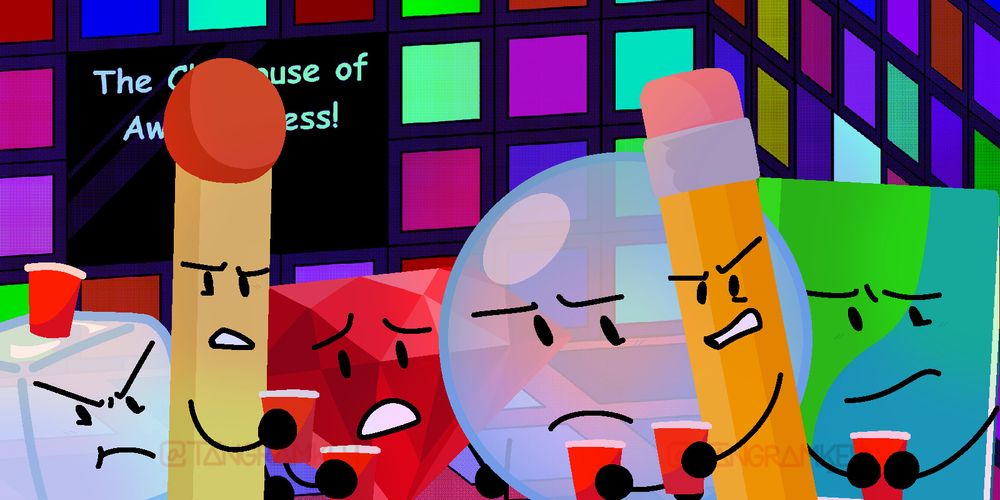 Ice Cube, Match, Ruby, Bubble, Pencil, and Book with red cups, staring at the viewer.