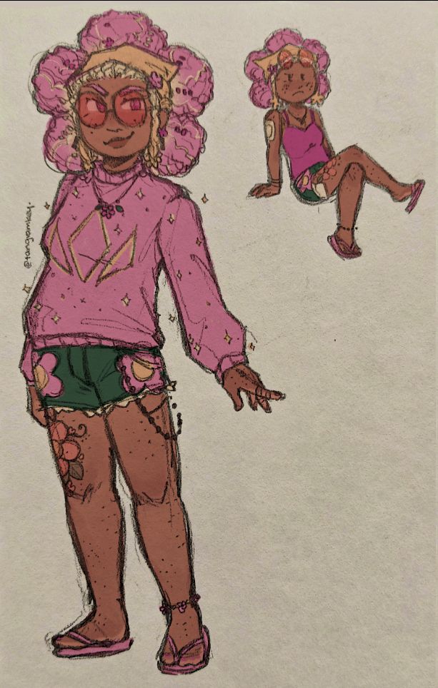Flower gijinka with various outfits and a diabetes patch drawn on paper and colored digitally.