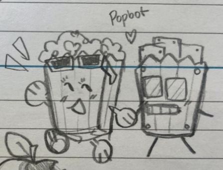 Popcorn holding hands with Popcornbot.
