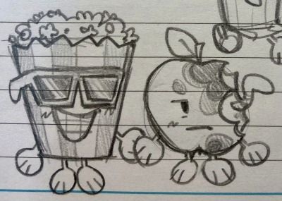 Smiling Popcorn holding hands with Rotten Apple, who looks unhappy.