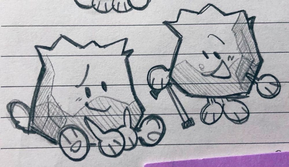 Doodles of Barf Bag, one with her holding cane.