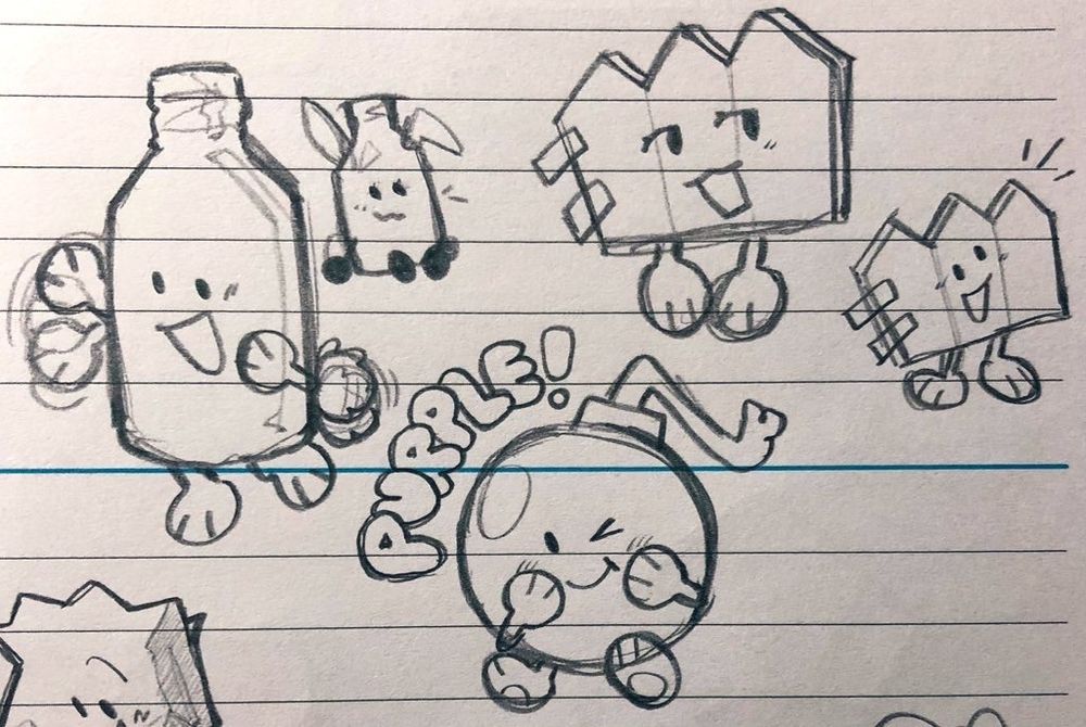 Doodles of Bottle, Gaty, and Bomby. It says "PURPLE!" in bubble letters by Bomby.