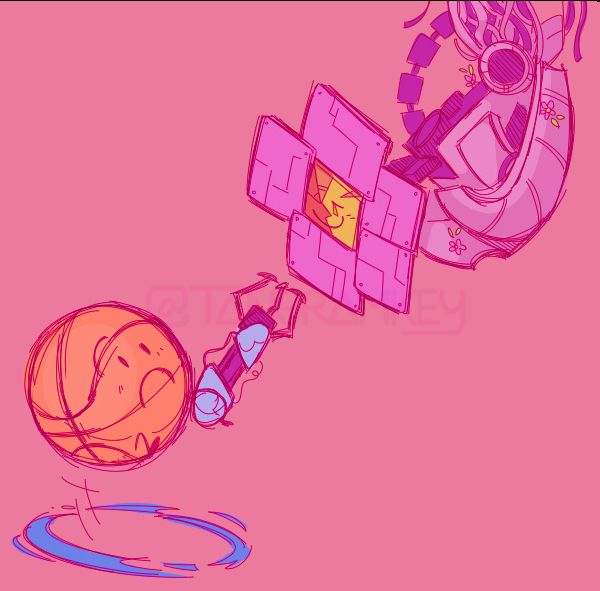 Drawing of Basketball and Robot Flower as Chell and GLaDOS.