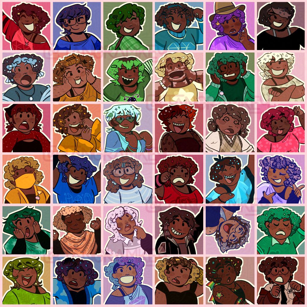 A 6 by 6 grid of Ruby and her sisters, all as gijinkas.