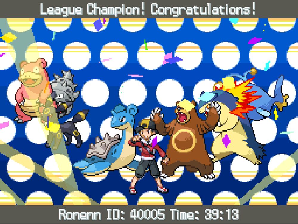 Pokemon Soul Silver Elite Four Champion screen with Slowking, Umbreon, Lapras, Ursaring, Typhlosion, and Lanturn