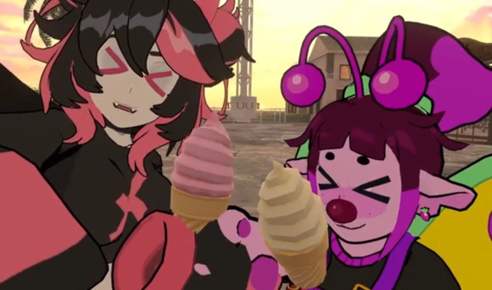 VTubers Andou and BigNoseBug in a VRChat world, both posing with soft-serve ice cream, and both are smiling cutely.