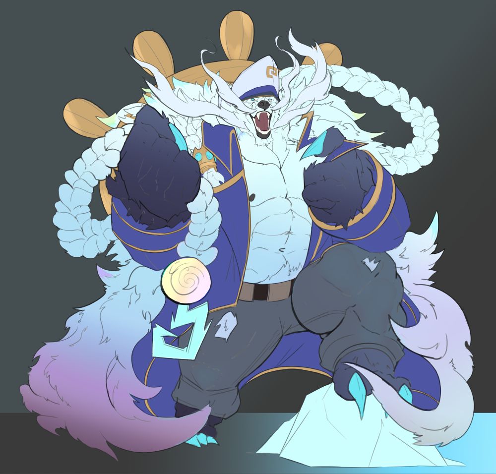 An anthropomorphic polar bear pirate with a giant ship wheel on his back. He is holding his braid that has a hook attached to the end of it. His fur extends over his clothing. 