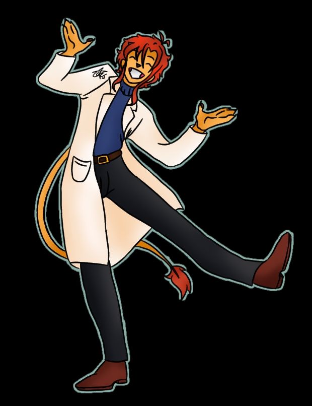 Dr. Joy, smiling, is posed with his arms up and a leg stretched out, like a dancing pose!