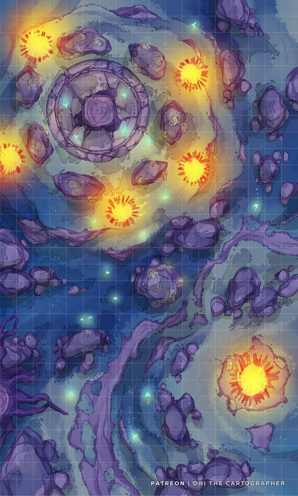 The tabletop RPG encounter map showing the Sabbath hill, with ancient runing stones and fireplaces, for the witches to celebrate their lunar calendar festivities.