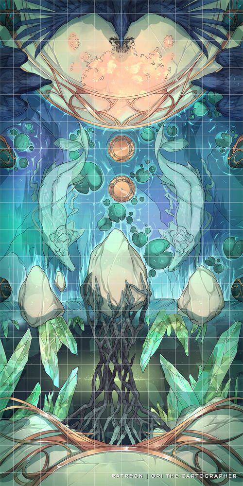 Tabletop RPG battlemap depicting a chamber guarded by Kelpies' spirits within Fae realm.