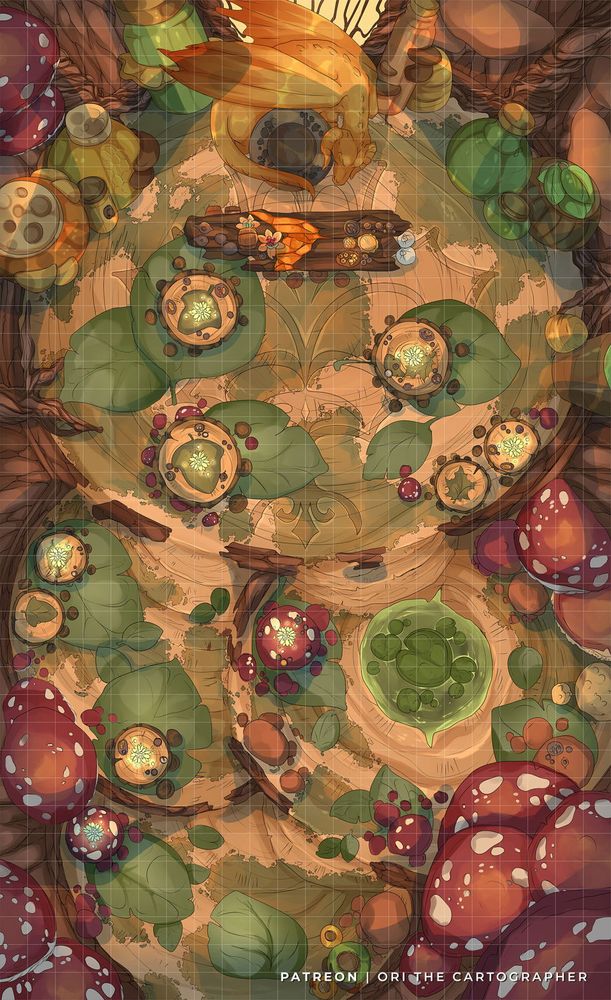 The tabletop RPG encounter map showing interior of the Fae Tavern, overgrown with mushrooms and moss, placed inside giant tree trunk.