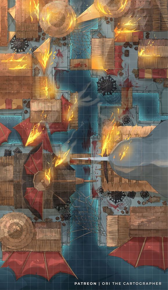 The tabletop RPG encounter map of a pirate market under attack and on fire.