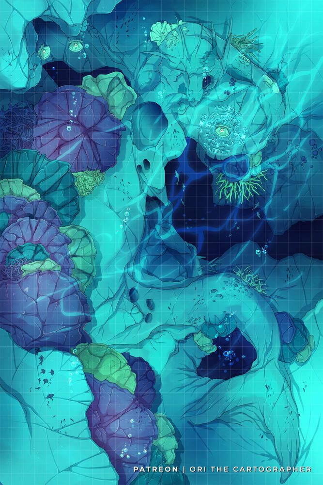 The tabletop battle map showing underwater coral reef and a skeleton of a giant mermaid. imbued into the rock