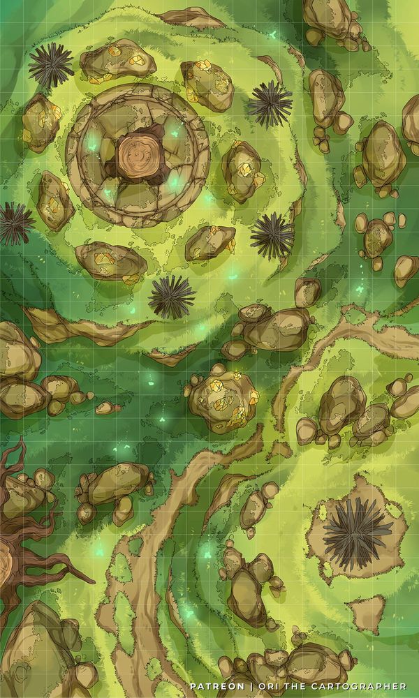The tabletop RPG encounter map showing the Sabbath hill, with ancient runing stones and fireplaces, for the witches to celebrate their lunar calendar festivities.
