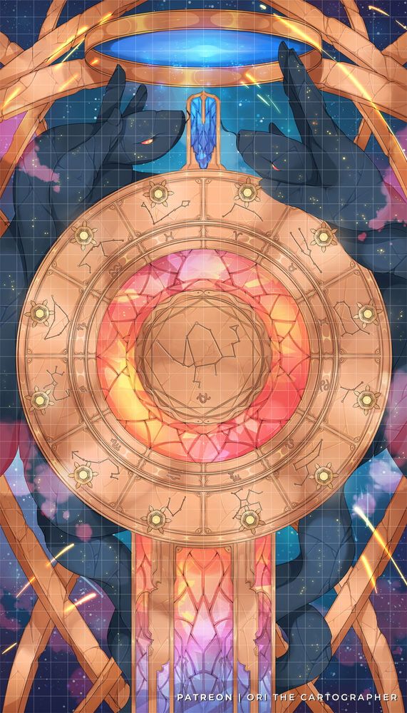 The tabletop RPG encounter map of an astral temple of the Ophiuchus zodiac.