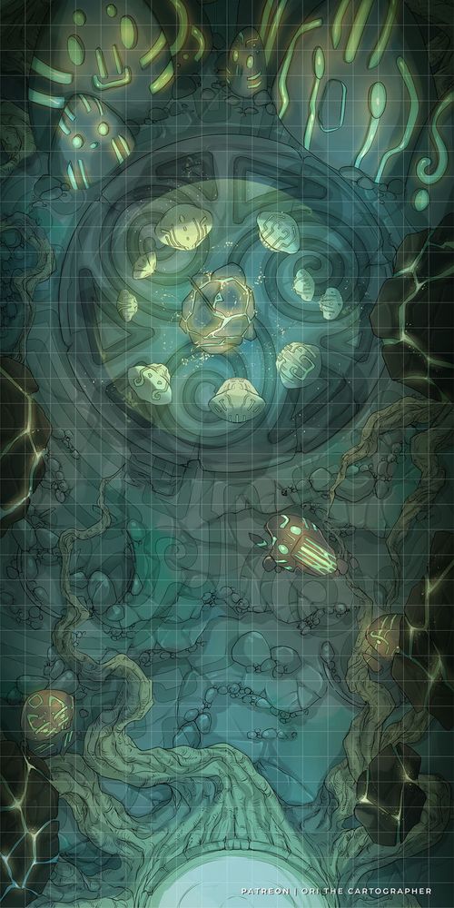 Battle Map or Encounter Map of an underground or cave ancient temple, guarded by golems and ancestors' sculptures, done by Ori the Cartographer, for DnD, Pathfinder or other tabletop RPG games, campaigns and sessions.