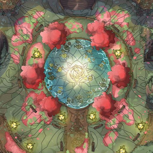 The close-up of Feywild encounter map showing fountain surrounded by cherry blossoms on the fey city square.