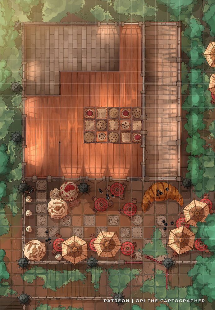 The tabletop RPG encounter map depicting the empty interior of magical bakery, with a view of the outside garden as well.
