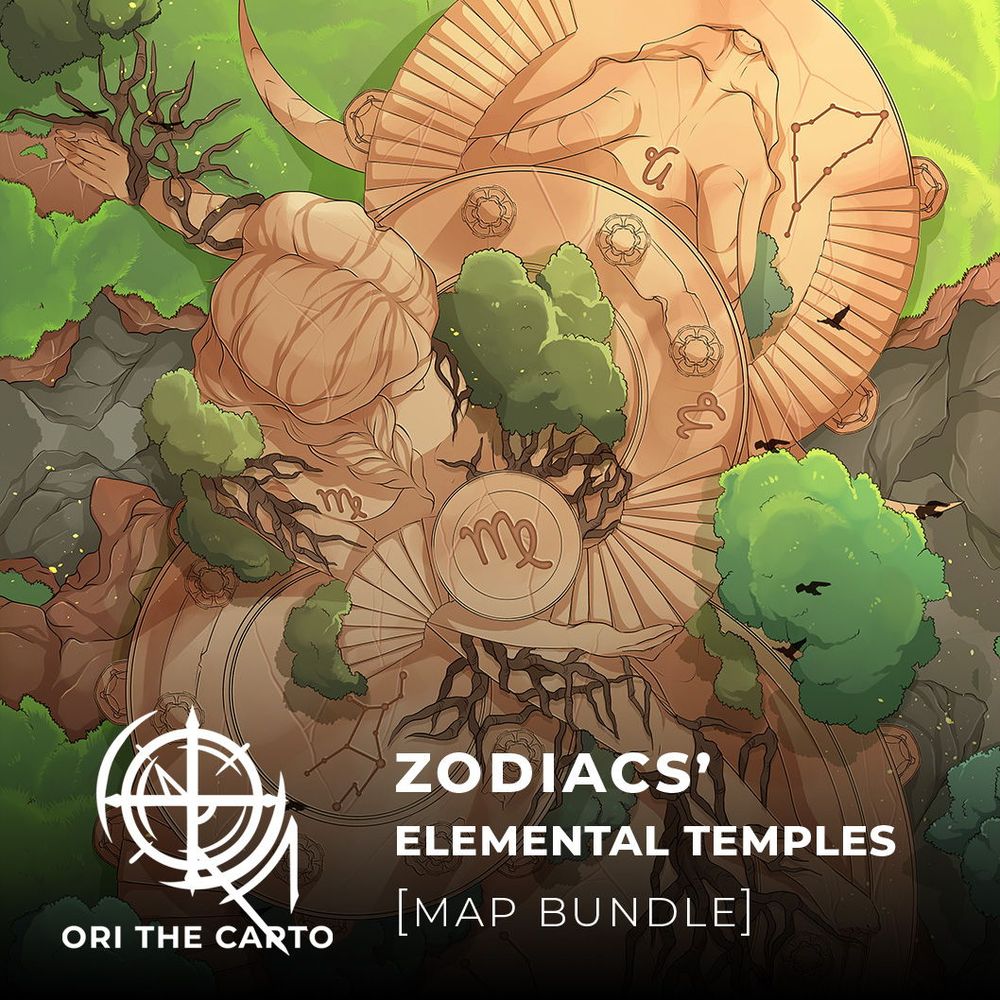 Zodiacs' Elemental Temples map bundle - representing Earth Zodiacal Encounter Map with Taurus and Virgo
