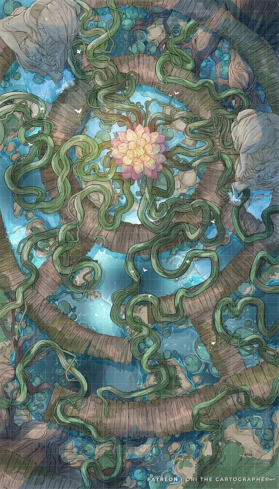 The tabletop RPG encounter map showing a Feywild pond or a lake with giant water lilies and vines, with circular path surrounding the flower.