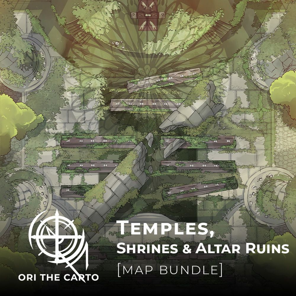 The promotional graphic for roll20 marketplace battle packs showing abandoned overgrown temple ruins.