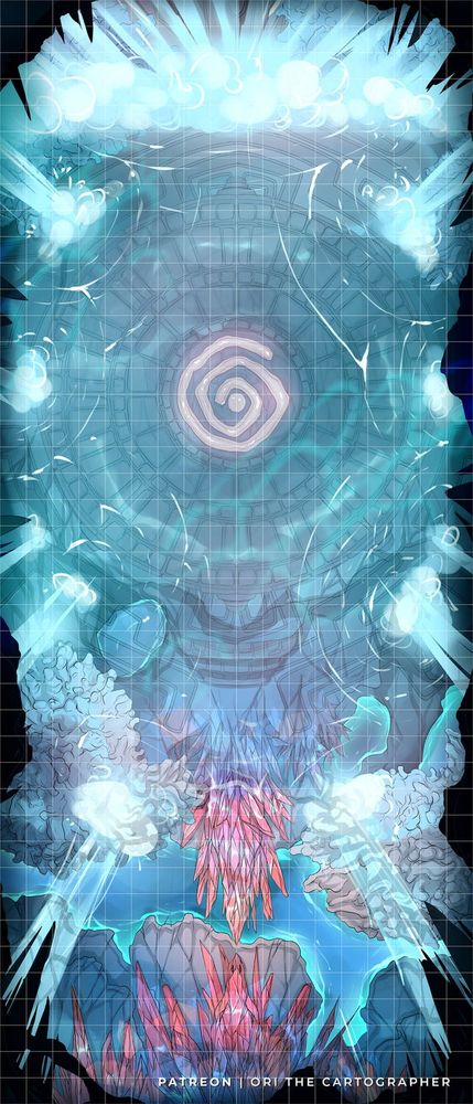A tabletop RPG encounter map showing the flooded underwater cave chamber, with ancient ground carvings, surrounded with corals and crystals.