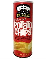 a red vintage can of Pringles with the tag line "new fangled."